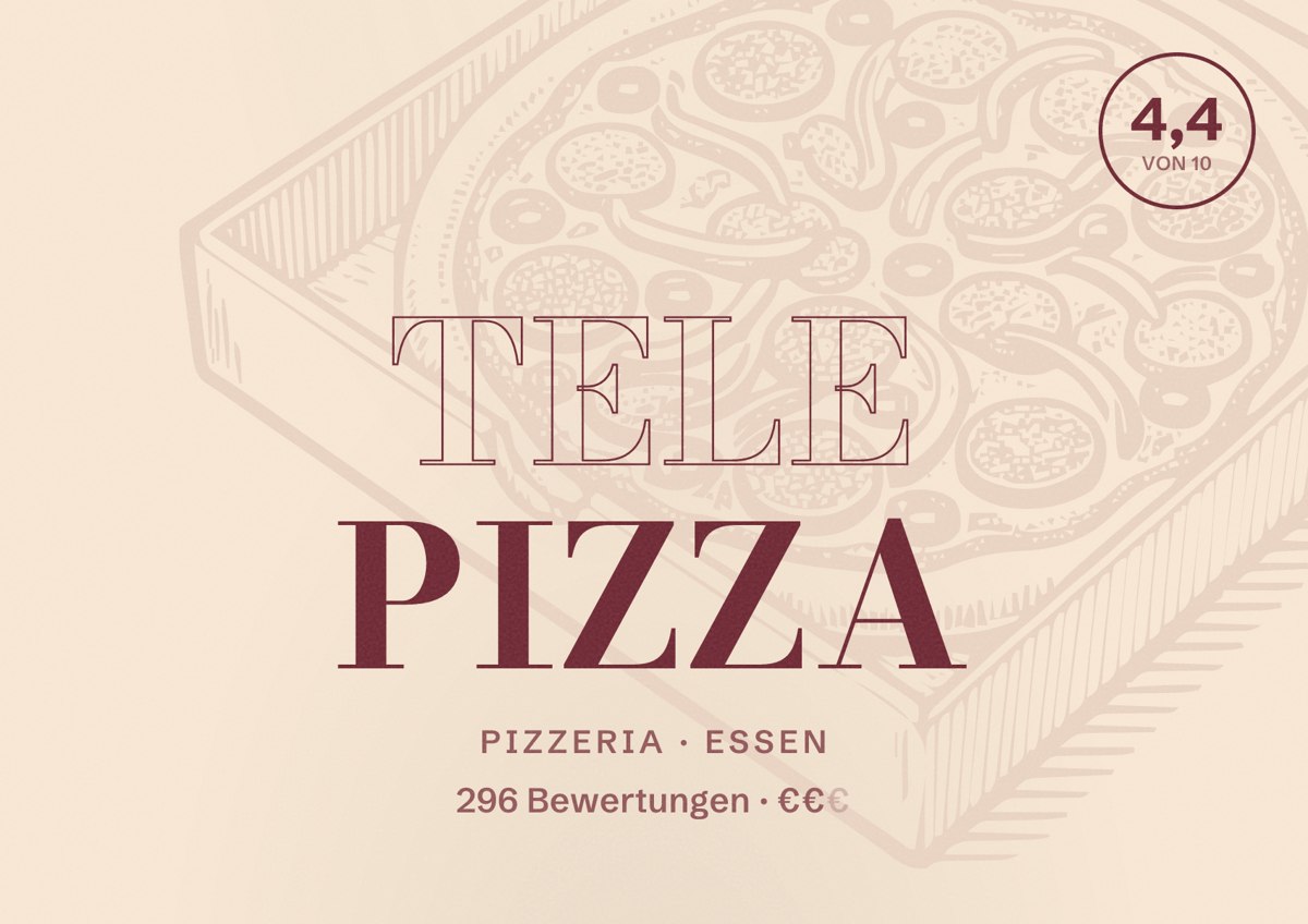 Illustriertes Poster von Tele Pizza, Pizzeria in Essen: Bewertung 4,4 von 10 aus 296 Bewertungen, Preisniveau €€