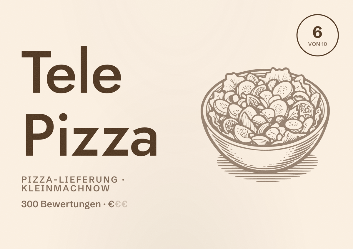 Illustriertes Poster von Tele Pizza, Pizza-Lieferung in Kleinmachnow: Bewertung 6 von 10 aus 300 Bewertungen, Preisniveau €