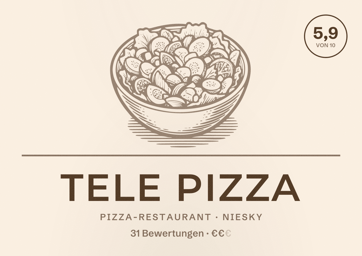 Illustriertes Poster von Tele Pizza, Pizza-Restaurant in Niesky: Bewertung 5,9 von 10 aus 31 Bewertungen, Preisniveau €€