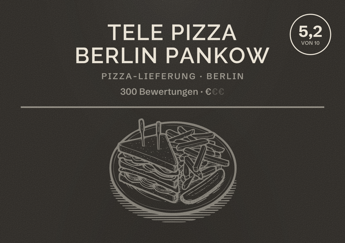 Illustriertes Poster von Tele Pizza Berlin Pankow, Pizza-Lieferung in Berlin: Bewertung 5,2 von 10 aus 300 Bewertungen, Preisniveau €