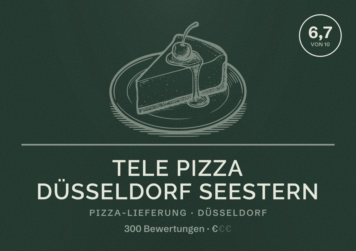 Illustriertes Poster von Tele Pizza Düsseldorf Seestern, Pizza-Lieferung in Düsseldorf: Bewertung 6,7 von 10 aus 300 Bewertungen, Preisniveau €