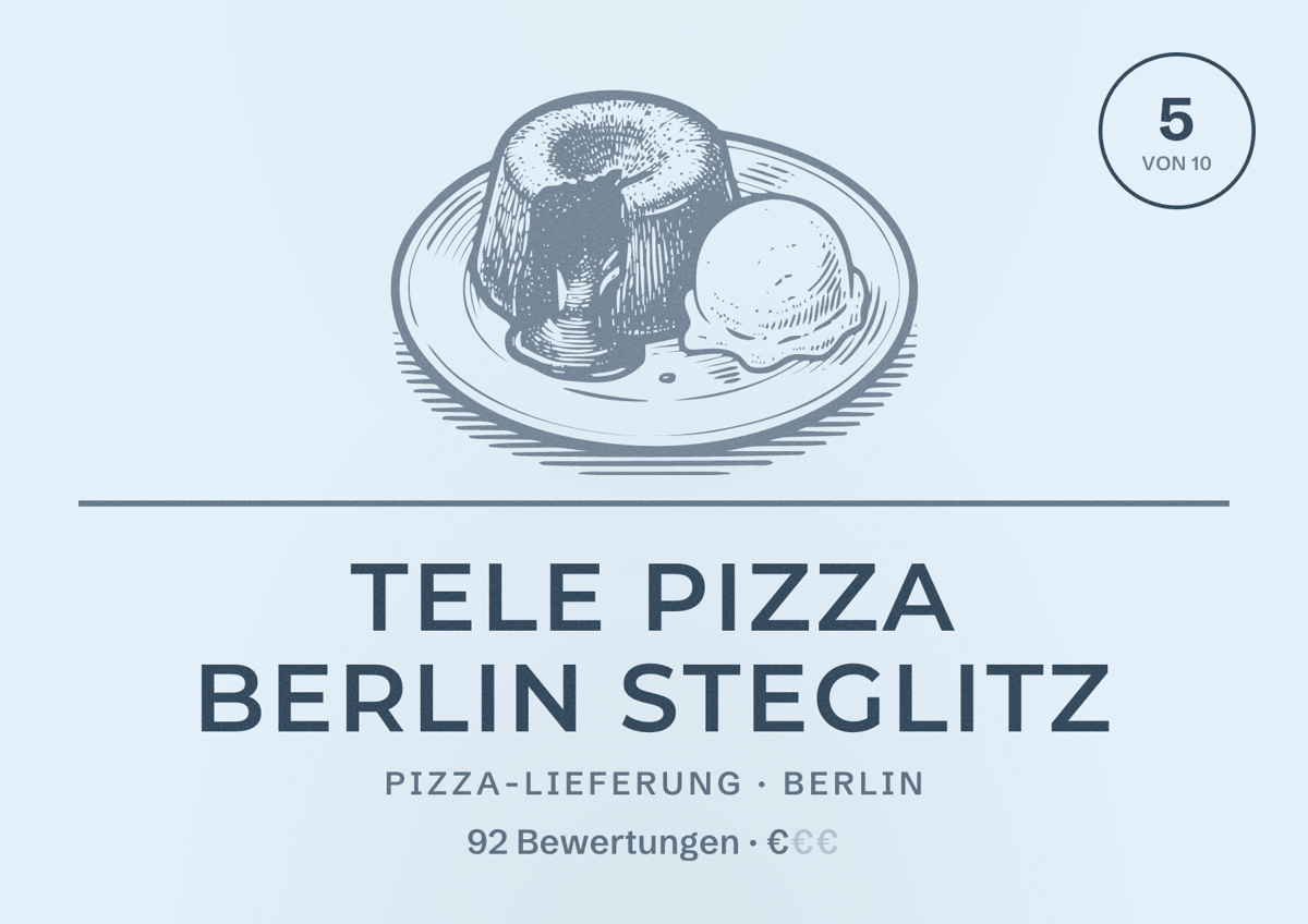Illustriertes Poster von Tele Pizza Berlin Steglitz, Pizza-Lieferung in Berlin: Bewertung 5,0 von 10 aus 92 Bewertungen, Preisniveau €