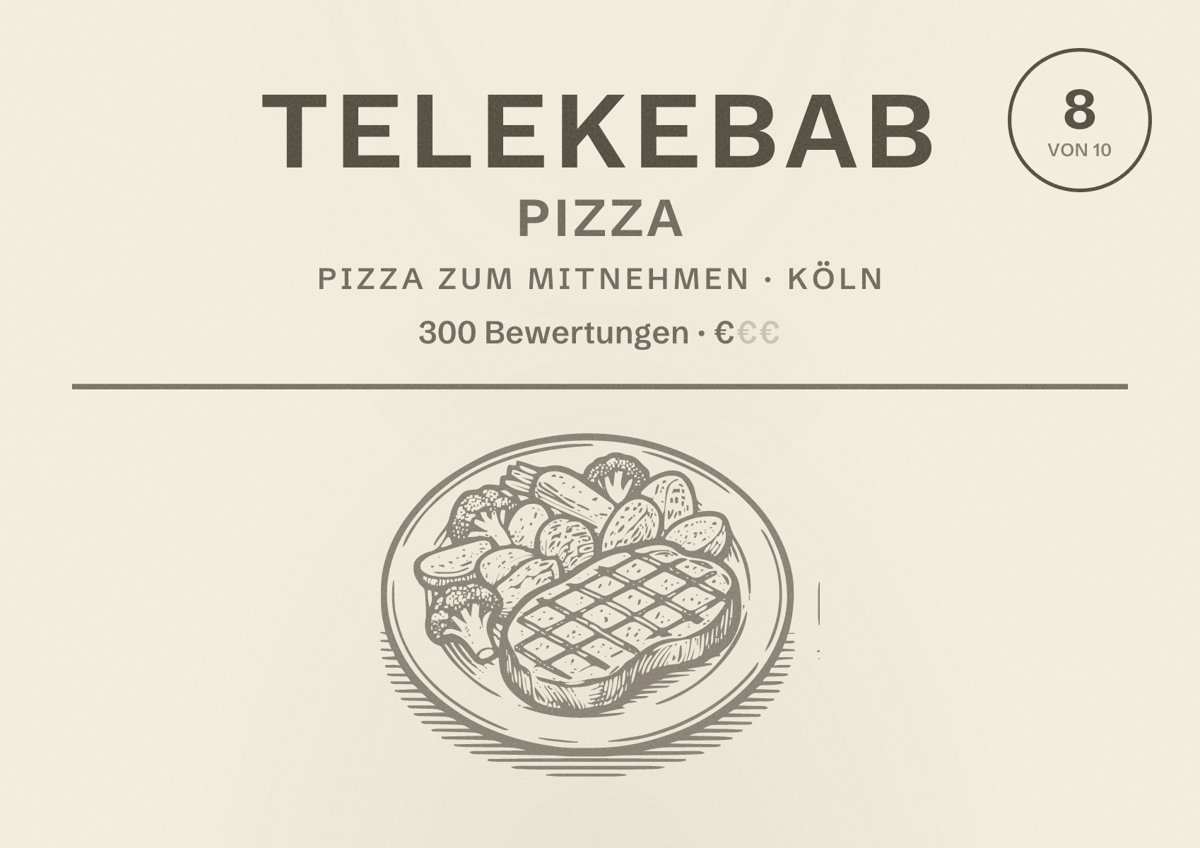 Illustriertes Poster von Telekebab Pizza, Pizza zum Mitnehmen in Köln: Bewertung 8,0 von 10 aus 300 Bewertungen, Preisniveau €