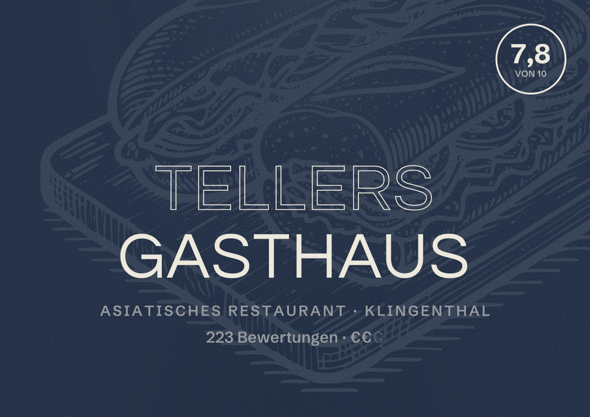 Illustriertes Poster von Tellers Gasthaus, Asiatisches Restaurant in Klingenthal: Bewertung 7,8 von 10 aus 223 Bewertungen, Preisniveau €€