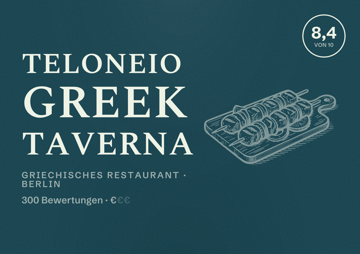 Illustriertes Poster von Teloneio Greek Taverna, Griechisches Restaurant in Berlin: Bewertung 8,4 von 10 aus 300 Bewertungen, Preisniveau €