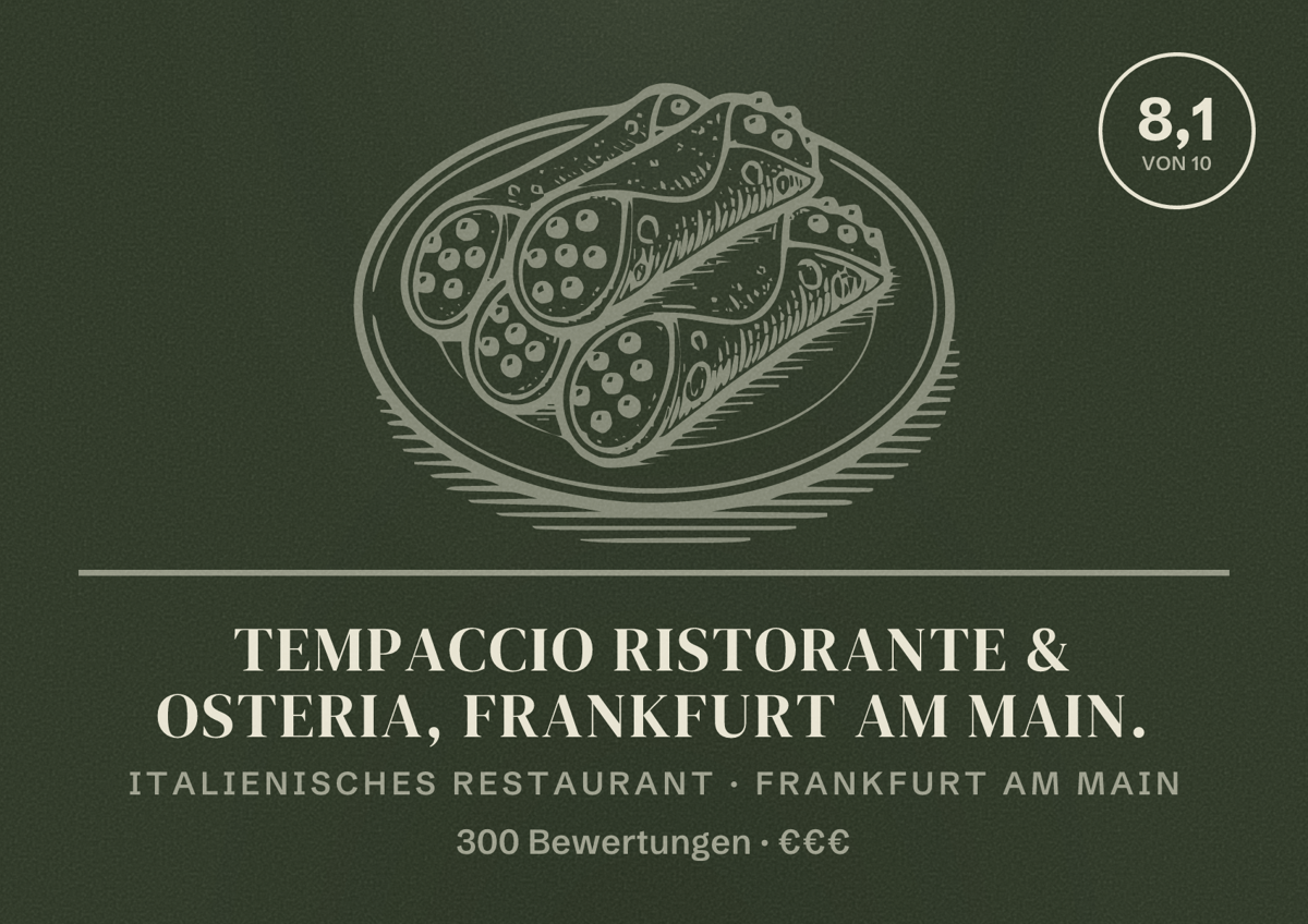 Illustriertes Poster von Tempaccio Ristorante & Osteria, Frankfurt am Main., Italienisches Restaurant in Frankfurt am Main: Bewertung 8,1 von 10 aus 300 Bewertungen, Preisniveau €€€