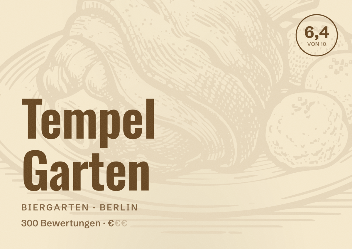 Illustriertes Poster von Tempel Garten, Biergarten in Berlin: Bewertung 6,4 von 10 aus 300 Bewertungen, Preisniveau €