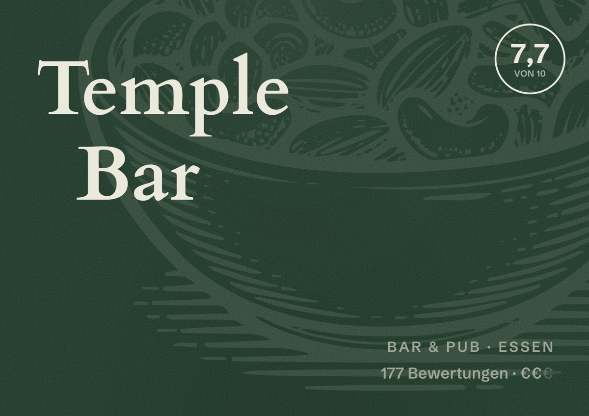 Illustriertes Poster von Temple Bar, Bar & Pub in Essen: Bewertung 7,5 von 10 aus 133 Bewertungen, Preisniveau €