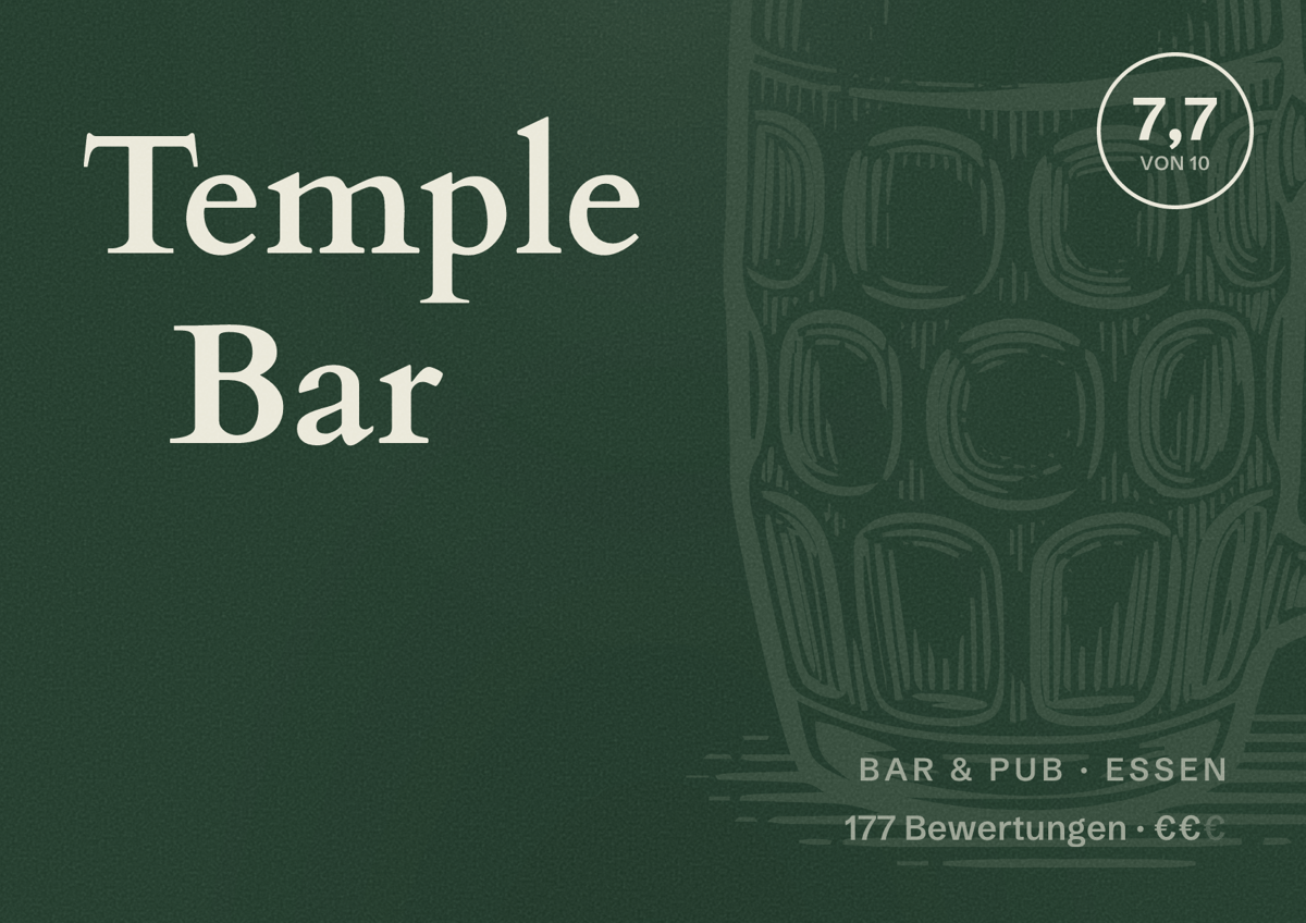 Illustriertes Poster von Temple Bar, Bar & Pub in Essen: Bewertung 7,7 von 10 aus 177 Bewertungen, Preisniveau €€