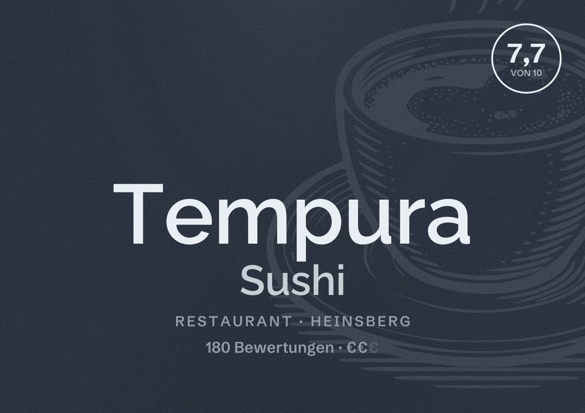 Illustriertes Poster von Tempura Sushi, Restaurant in Heinsberg: Bewertung 7,7 von 10 aus 180 Bewertungen, Preisniveau €€
