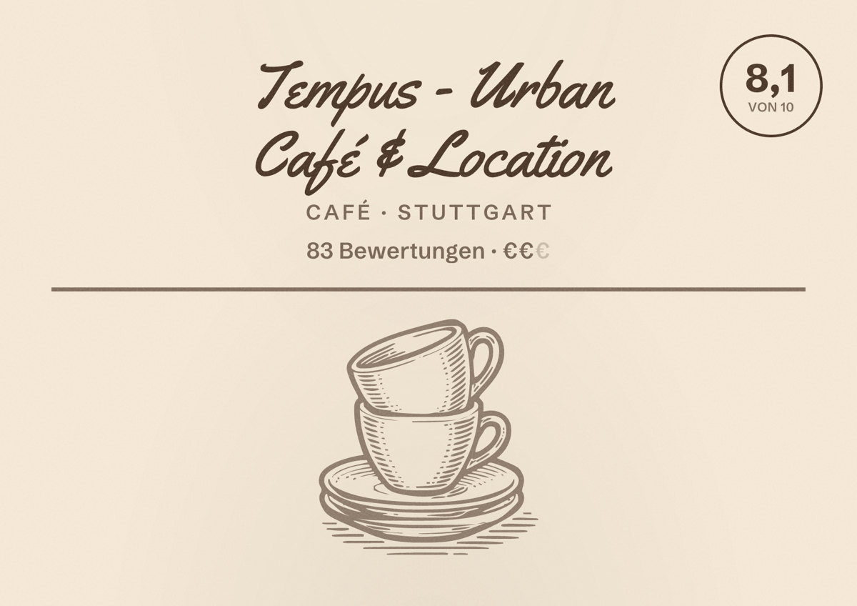 Illustriertes Poster von Tempus - Urban Café & Location, Café in Stuttgart: Bewertung 8,1 von 10 aus 83 Bewertungen, Preisniveau €€