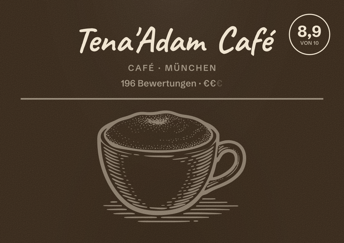 Illustriertes Poster von Tena'Adam Café, Café in München: Bewertung 8,9 von 10 aus 196 Bewertungen, Preisniveau €€