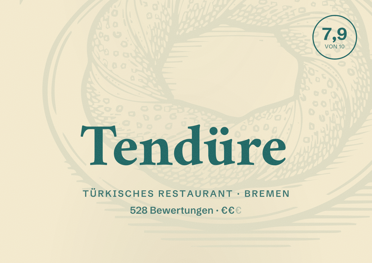 Illustriertes Poster von Tendüre, Türkisches Restaurant in Bremen: Bewertung 7,9 von 10 aus 528 Bewertungen, Preisniveau €€