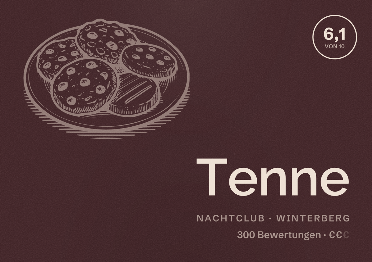 Illustriertes Poster von Tenne, Nachtclub in Winterberg: Bewertung 6,1 von 10 aus 300 Bewertungen, Preisniveau €€