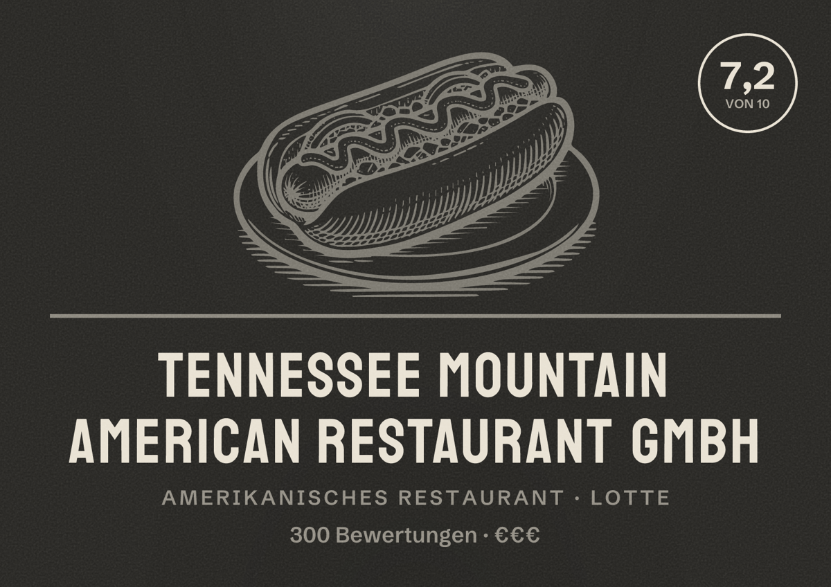 Illustriertes Poster von Tennessee Mountain American Restaurant GMBH, Amerikanisches Restaurant in Lotte: Bewertung 7,2 von 10 aus 300 Bewertungen, Preisniveau €€€