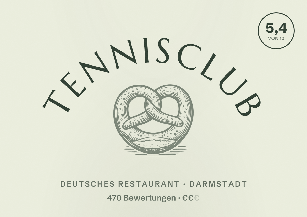 Illustriertes Poster von Tennisclub, Deutsches Restaurant in Darmstadt: Bewertung 5,4 von 10 aus 470 Bewertungen, Preisniveau €€