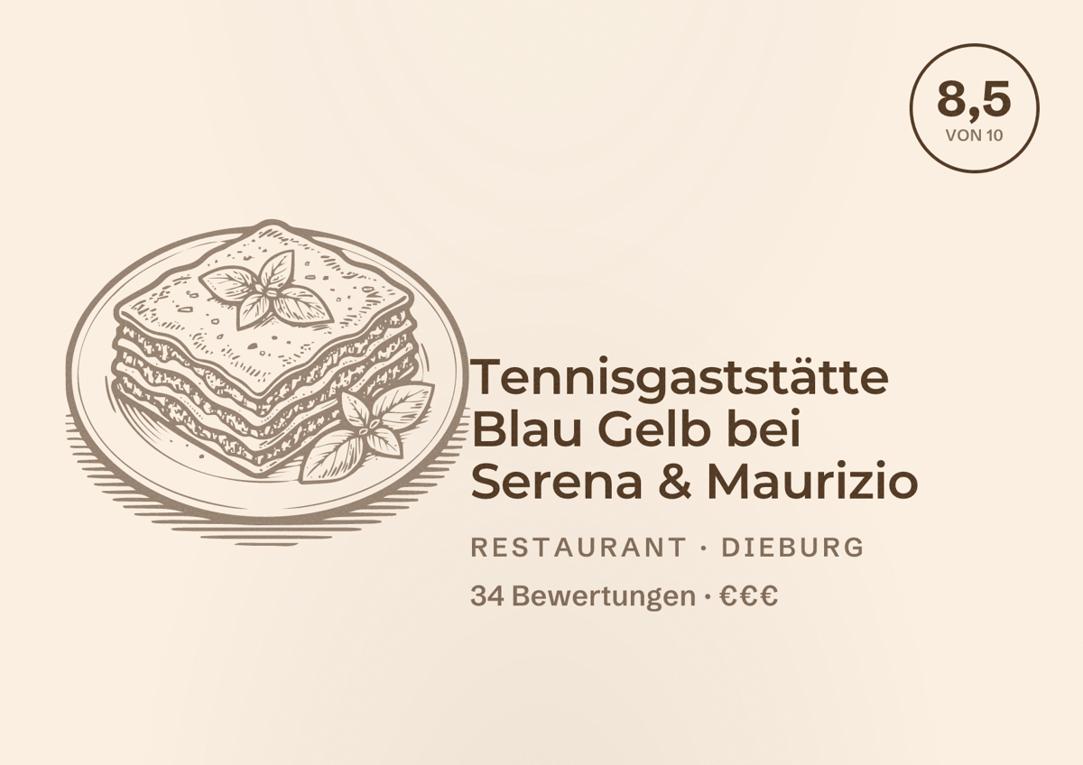 Illustriertes Poster von Tennisgaststätte Blau Gelb bei Serena & Maurizio, Restaurant in Dieburg: Bewertung 8,5 von 10 aus 34 Bewertungen, Preisniveau €€€
