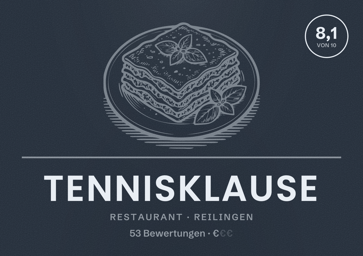 Illustriertes Poster von Tennisklause, Restaurant in Reilingen: Bewertung 8,1 von 10 aus 53 Bewertungen, Preisniveau €
