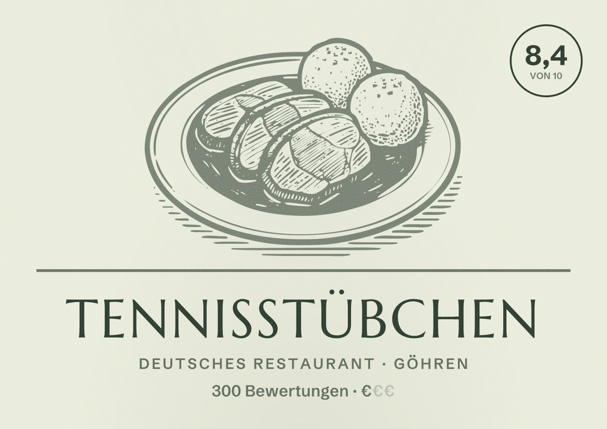 Illustriertes Poster von Tennisstübchen, Deutsches Restaurant in Göhren: Bewertung 8,4 von 10 aus 300 Bewertungen, Preisniveau €