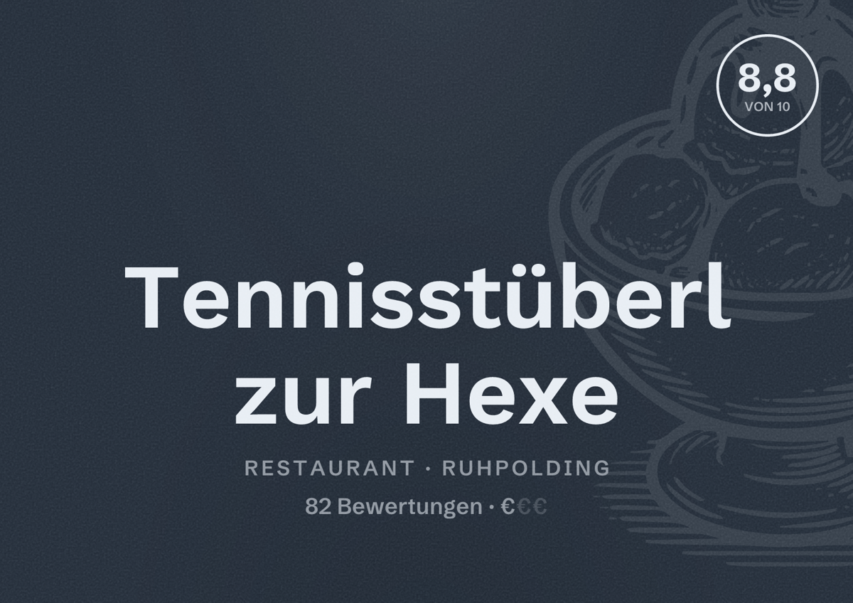 Illustriertes Poster von Tennisstüberl zur Hexe, Restaurant in Ruhpolding: Bewertung 8,8 von 10 aus 82 Bewertungen, Preisniveau €
