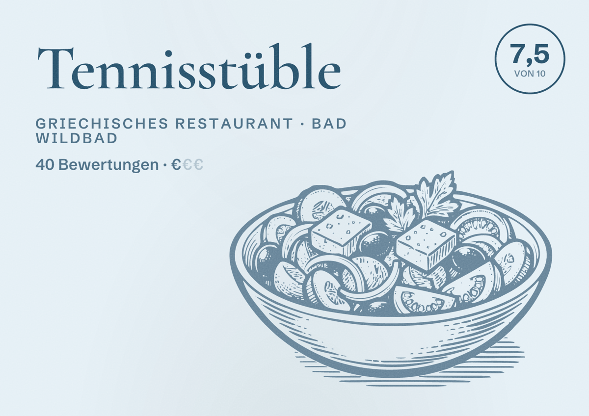 Illustriertes Poster von Tennisstüble, Griechisches Restaurant in Bad Wildbad: Bewertung 7,5 von 10 aus 40 Bewertungen, Preisniveau €