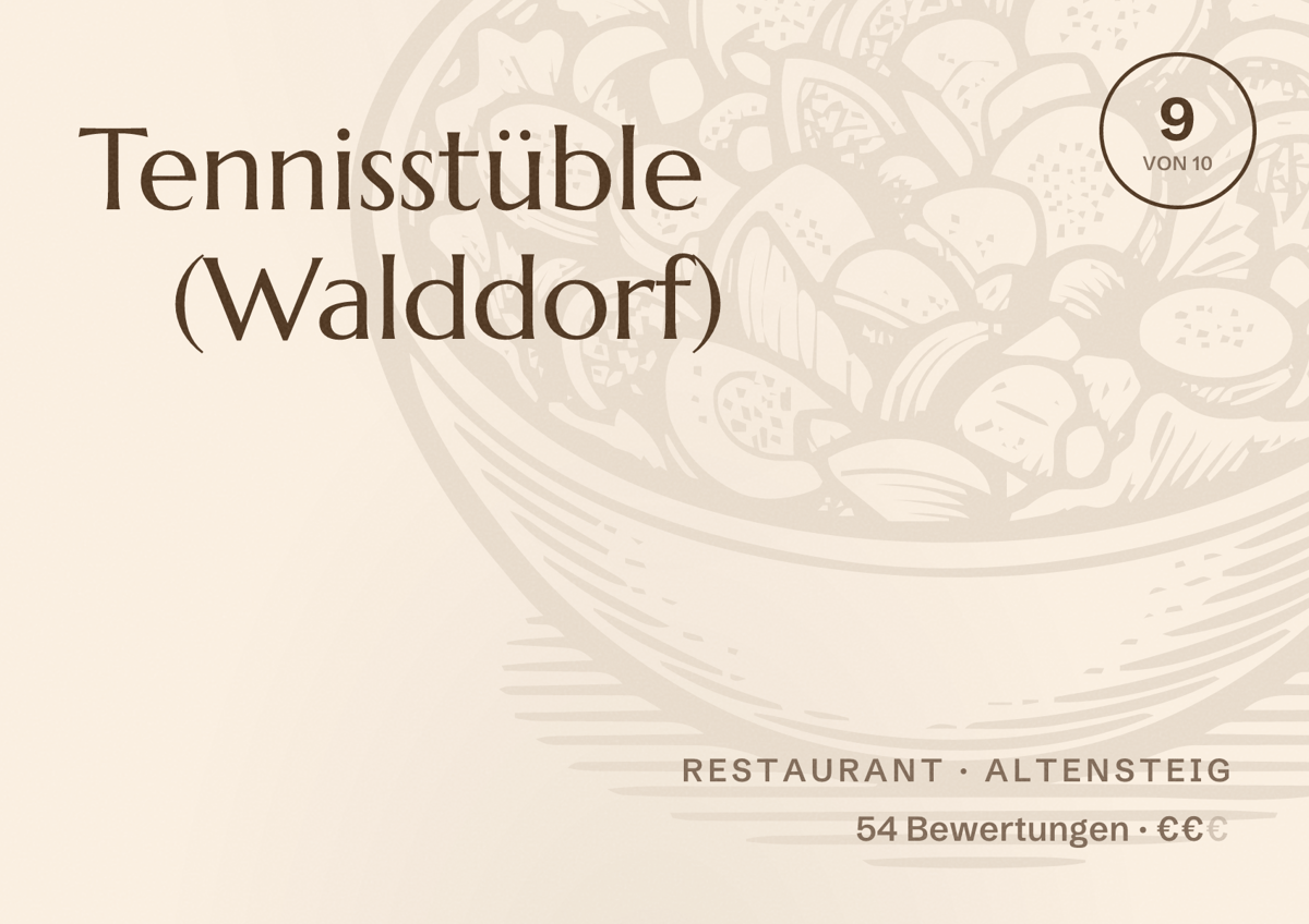 Illustriertes Poster von Tennisstüble (Walddorf), Restaurant in Altensteig: Bewertung 9 von 10 aus 54 Bewertungen, Preisniveau €€