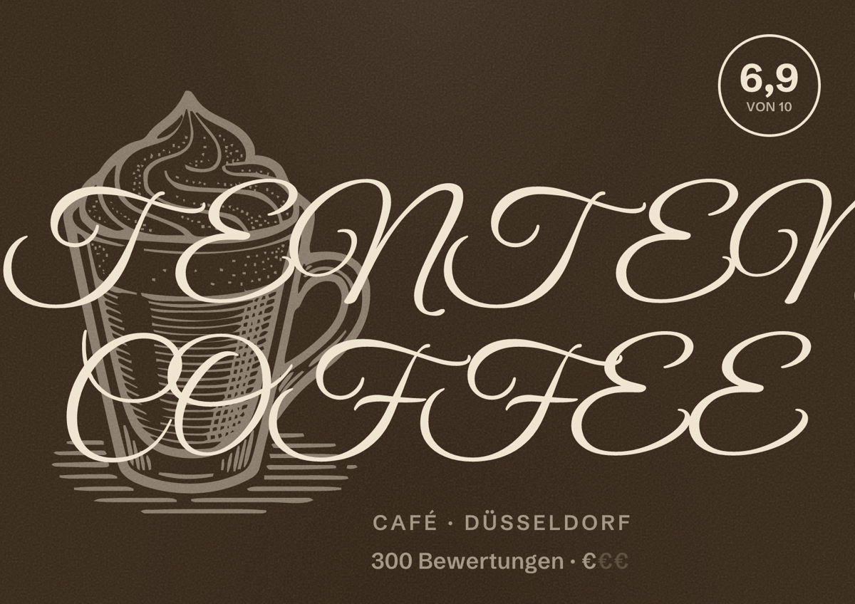 Illustriertes Poster von TENTEN COFFEE, Café in Düsseldorf: Bewertung 6,9 von 10 aus 300 Bewertungen, Preisniveau €