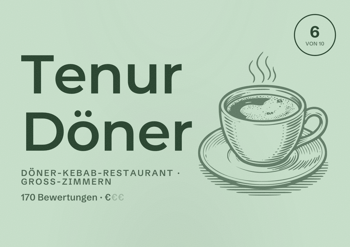 Illustriertes Poster von Tenur Döner, Döner-Kebab-Restaurant in Groß-Zimmern: Bewertung 6 von 10 aus 170 Bewertungen, Preisniveau €