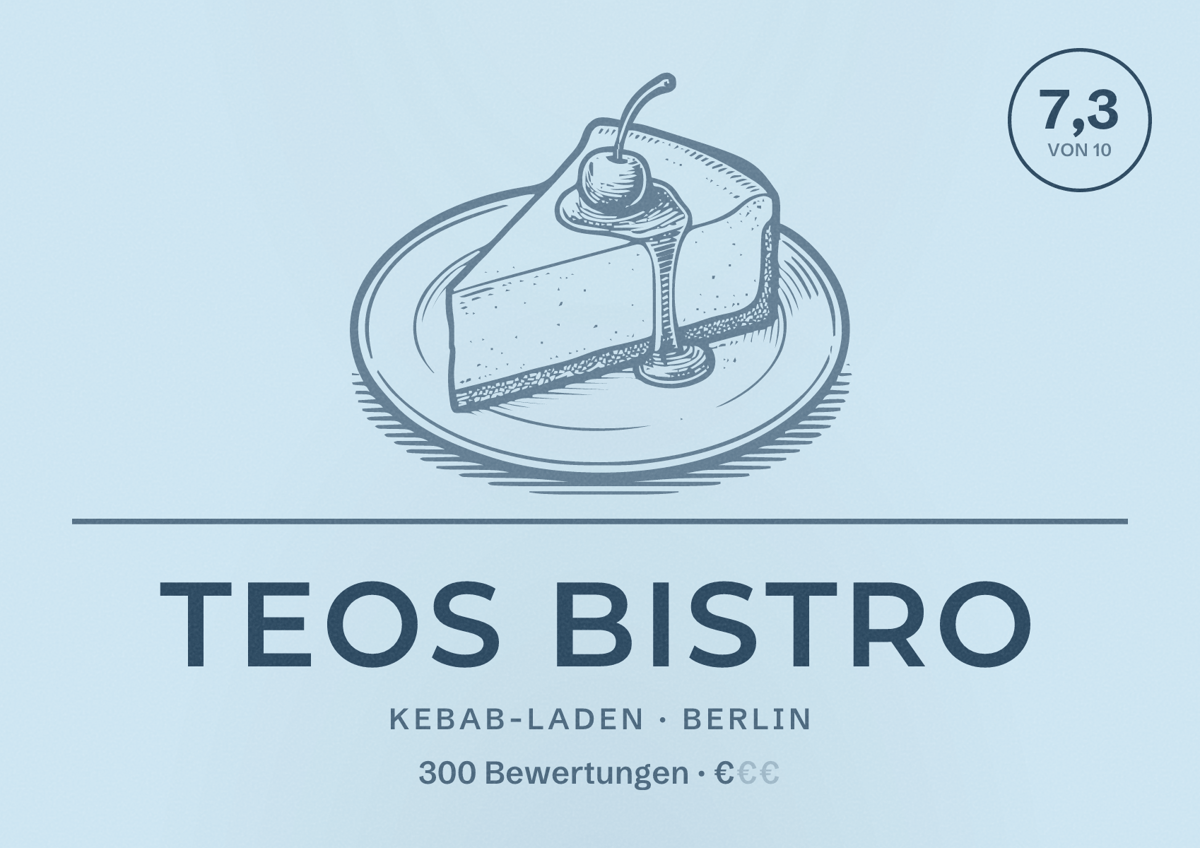 Illustriertes Poster von Teos Bistro, Kebab-Laden in Berlin: Bewertung 7,3 von 10 aus 300 Bewertungen, Preisniveau €