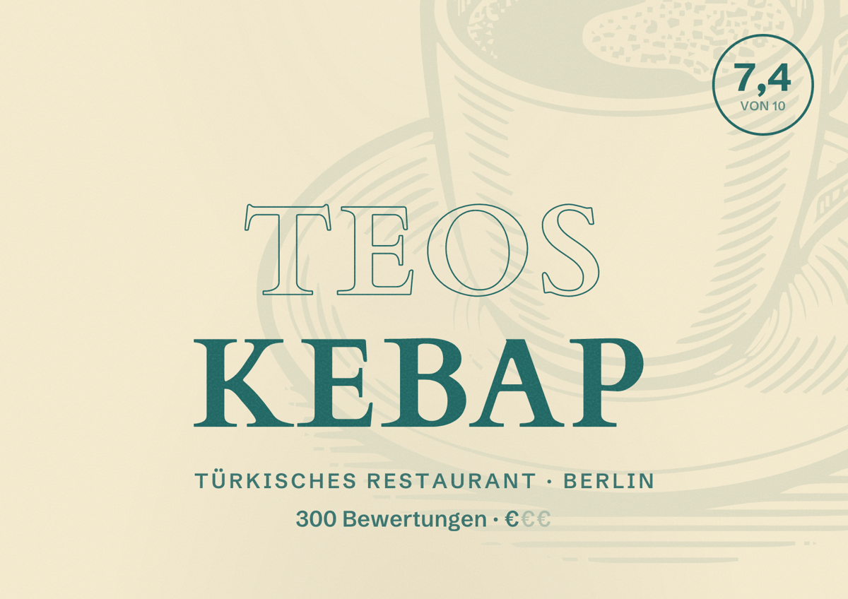 Illustriertes Poster von Teos Kebap, Türkisches Restaurant in Berlin: Bewertung 7,4 von 10 aus 300 Bewertungen, Preisniveau €