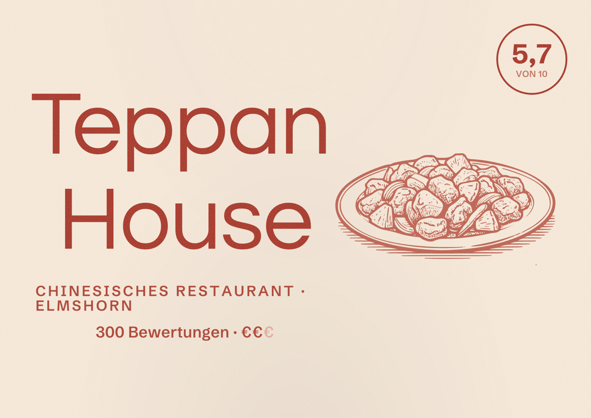 Illustriertes Poster von Teppan House, Chinesisches Restaurant in Elmshorn: Bewertung 5,7 von 10 aus 300 Bewertungen, Preisniveau €€