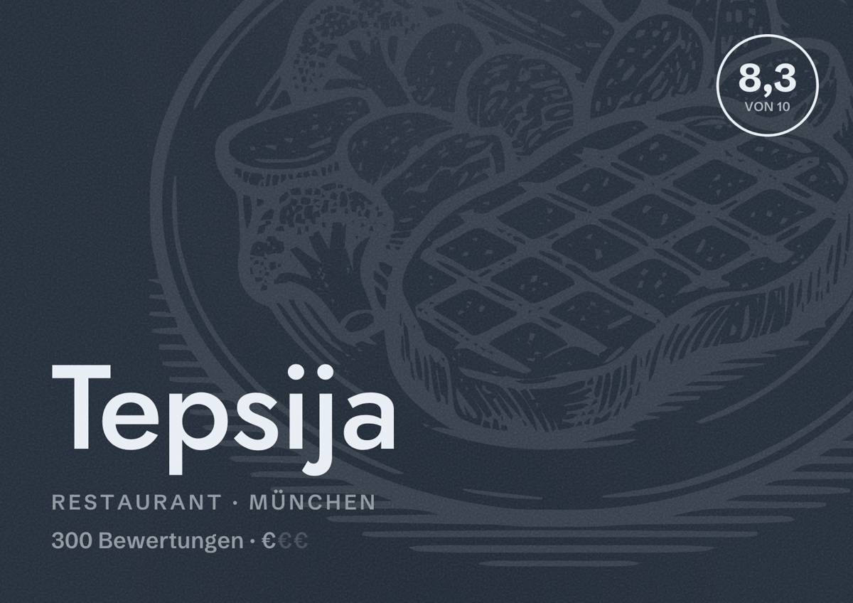Illustriertes Poster von Tepsija, Restaurant in München: Bewertung 8,3 von 10 aus 300 Bewertungen, Preisniveau €
