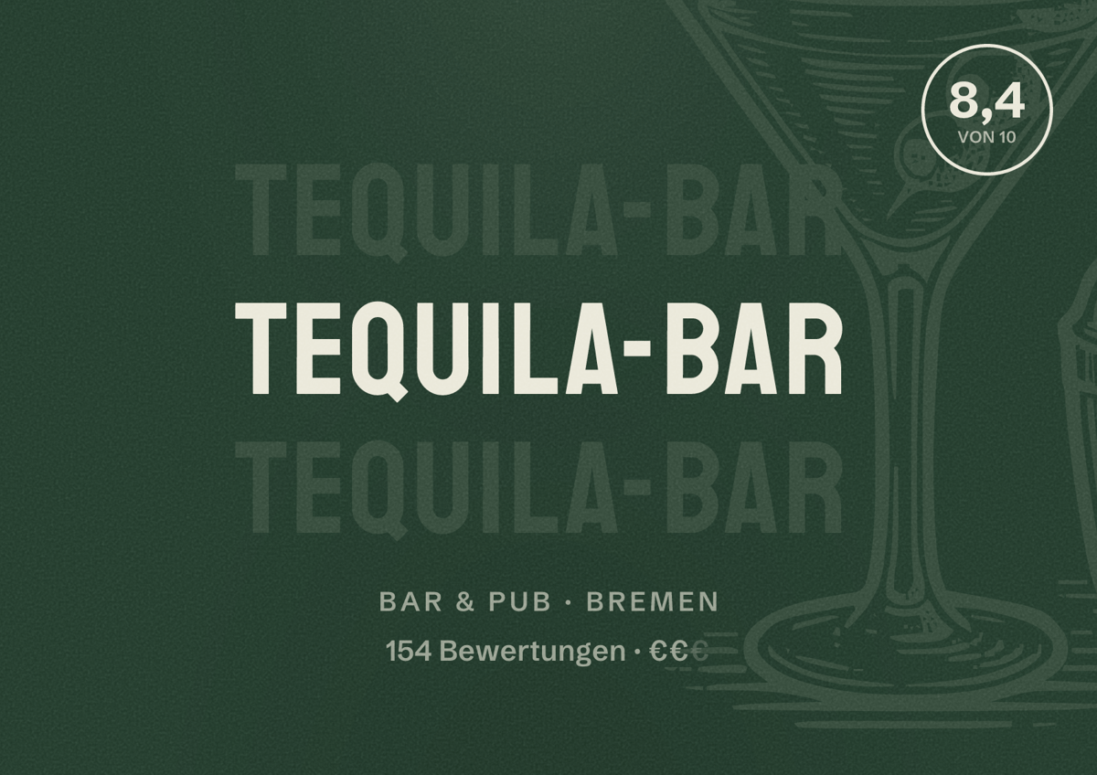 Illustriertes Poster von Tequila-Bar, Bar & Pub in Bremen: Bewertung 8,4 von 10 aus 154 Bewertungen, Preisniveau €€