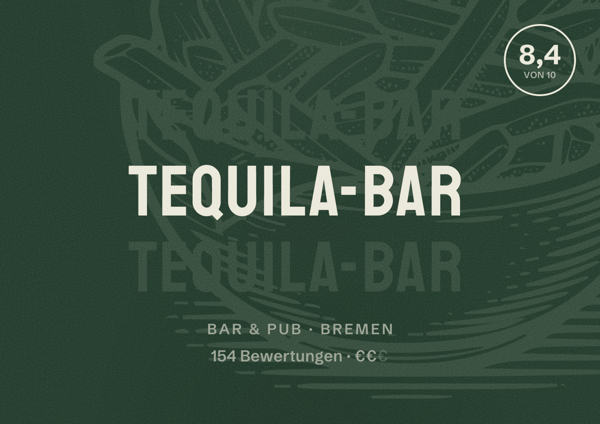 Illustriertes Poster von Tequila-Bar, Bar & Pub in Bremen: Bewertung 8,4 von 10 aus 154 Bewertungen, Preisniveau €€