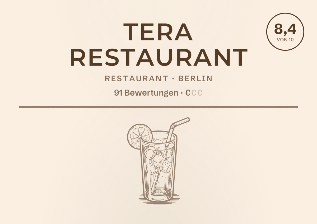 Illustriertes Poster von TERA Restaurant, Restaurant in Berlin: Bewertung 8,4 von 10 aus 91 Bewertungen, Preisniveau €
