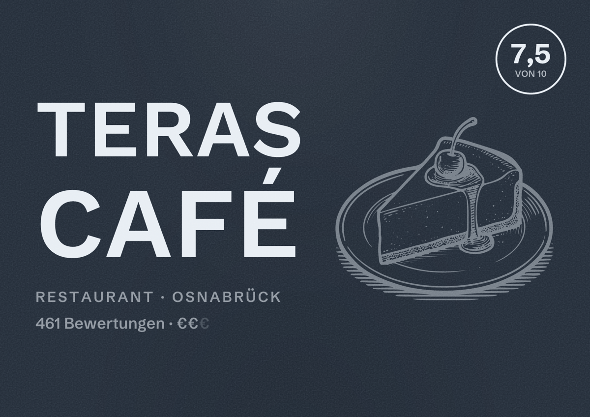 Illustriertes Poster von Teras Café, Restaurant in Osnabrück: Bewertung 7,5 von 10 aus 461 Bewertungen, Preisniveau €€