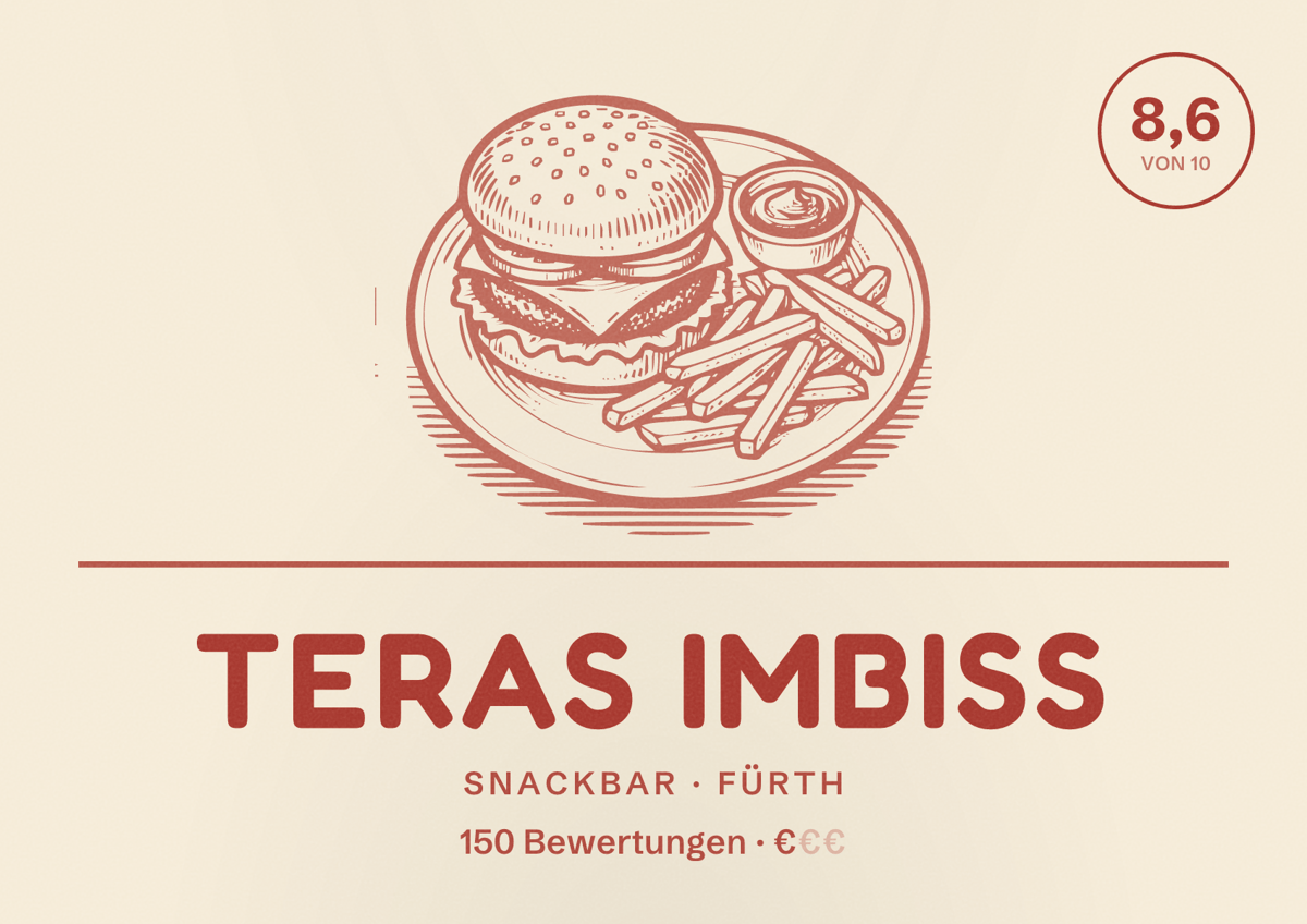 Illustriertes Poster von Teras Imbiss, Snackbar in Fürth: Bewertung 8,6 von 10 aus 150 Bewertungen, Preisniveau €