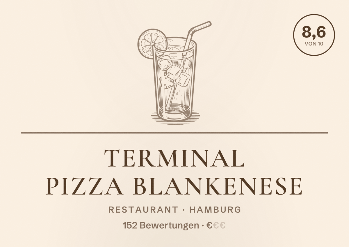 Illustriertes Poster von Terminal Pizza Blankenese, Restaurant in Hamburg: Bewertung 8,6 von 10 aus 152 Bewertungen, Preisniveau €