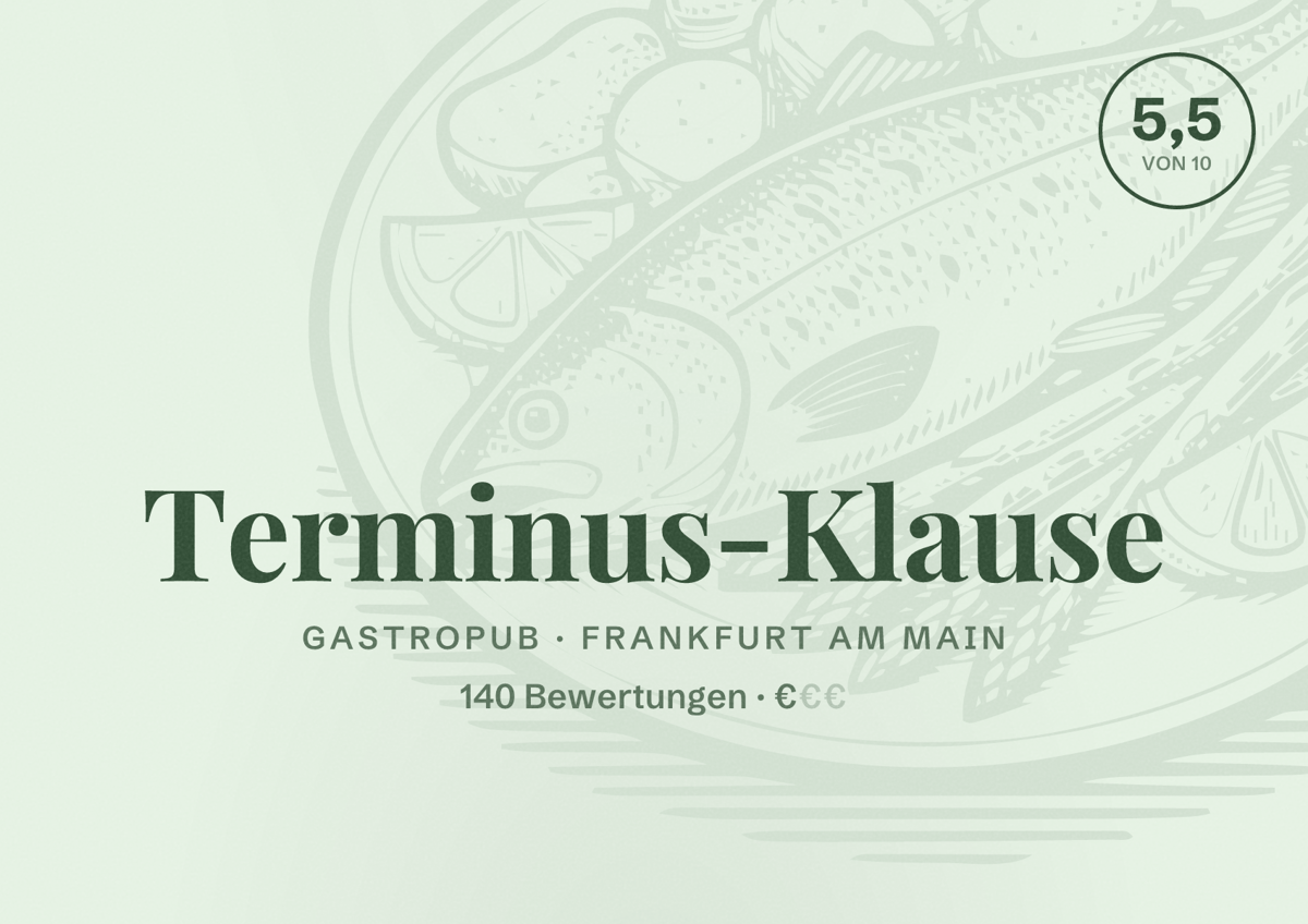 Illustriertes Poster von Terminus-Klause, Gastropub in Frankfurt am Main: Bewertung 5,5 von 10 aus 140 Bewertungen, Preisniveau €