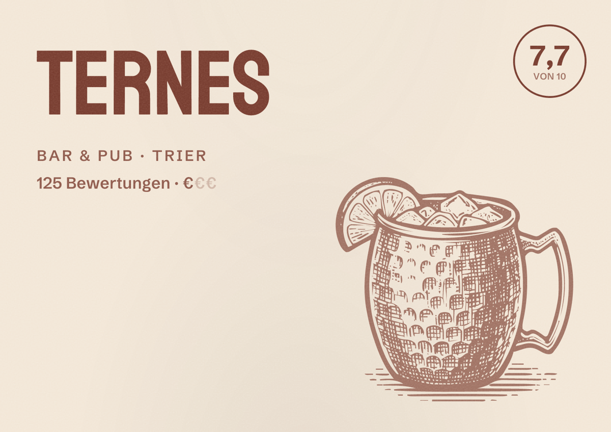 Illustriertes Poster von Ternes, Bar & Pub in Trier: Bewertung 7,7 von 10 aus 125 Bewertungen, Preisniveau €