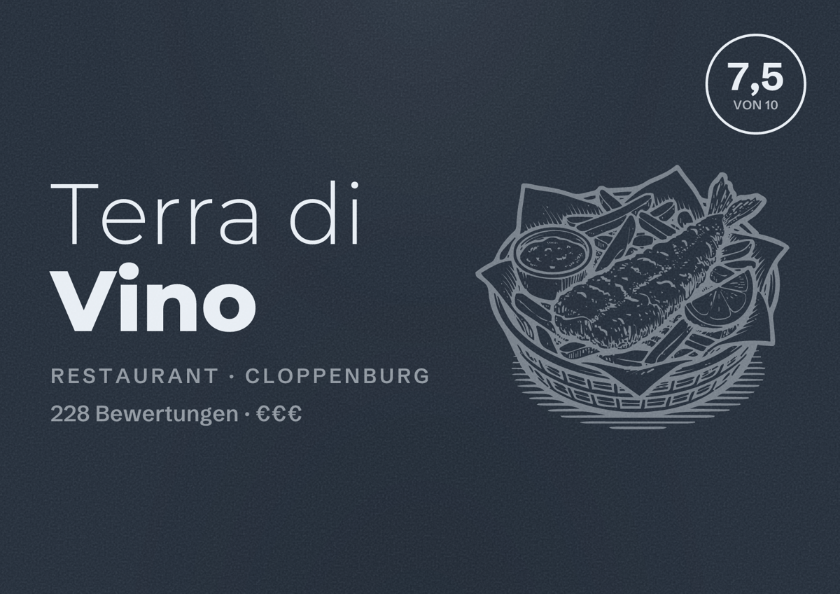 Illustriertes Poster von Terra di Vino, Restaurant in Cloppenburg: Bewertung 7,5 von 10 aus 228 Bewertungen, Preisniveau €€€