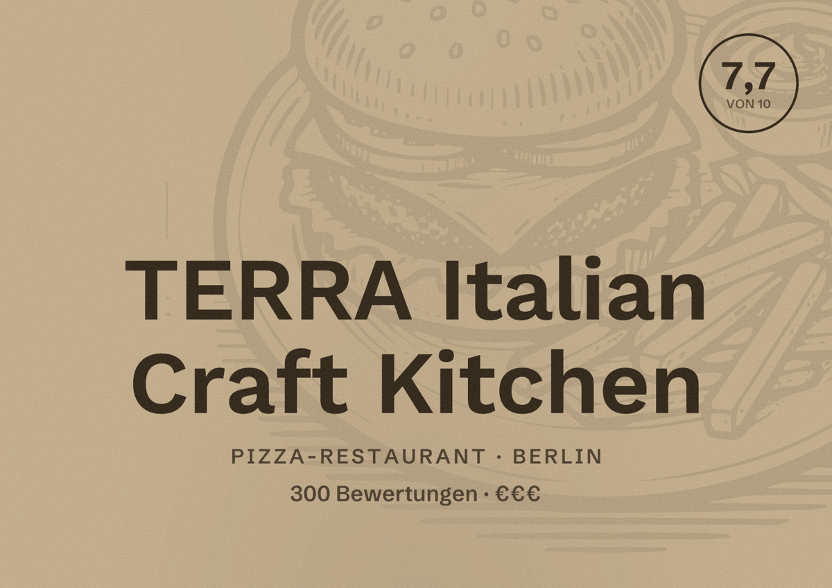 Illustriertes Poster von TERRA Italian Craft Kitchen, Pizza-Restaurant in Berlin: Bewertung 7,7 von 10 aus 300 Bewertungen, Preisniveau €€€