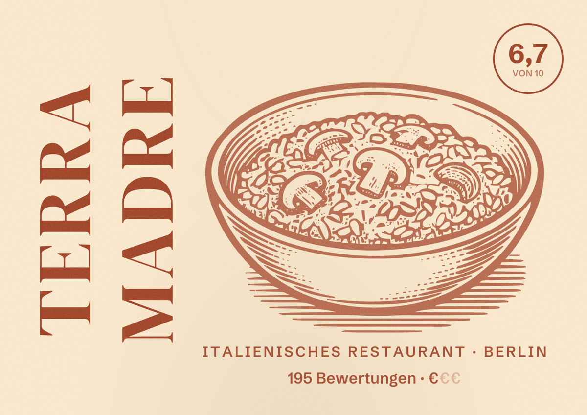 Illustriertes Poster von Terra Madre, Italienisches Restaurant in Berlin: Bewertung 6,7 von 10 aus 195 Bewertungen, Preisniveau €