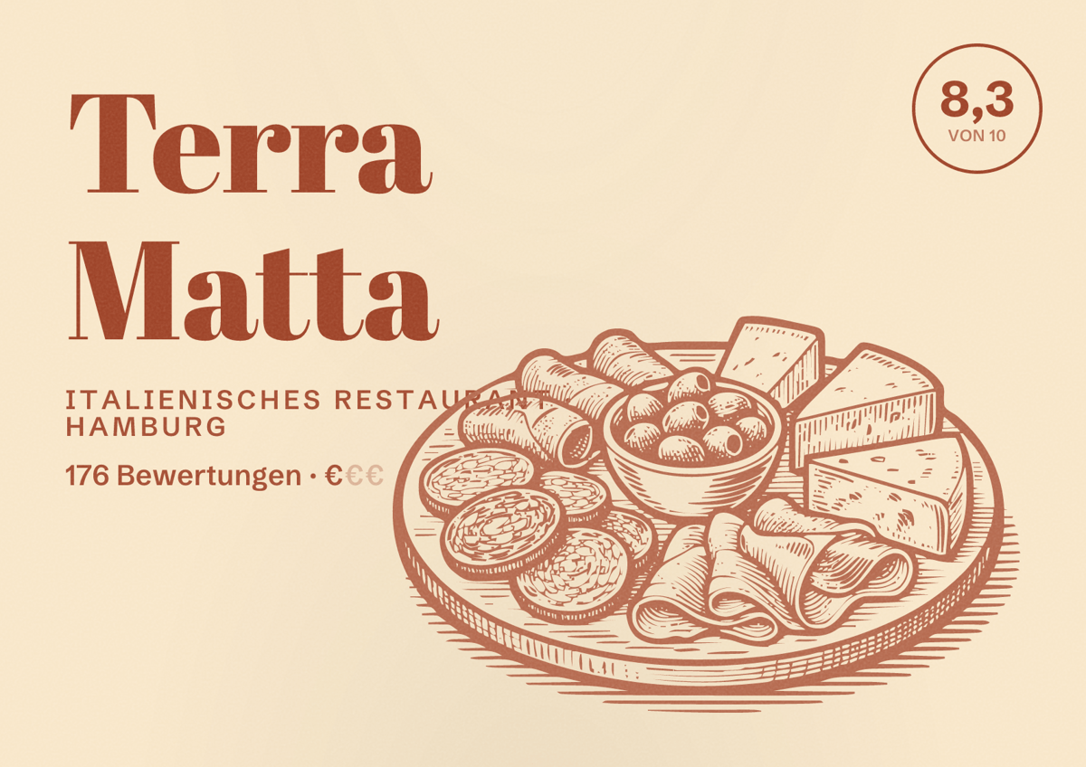 Illustriertes Poster von Terra Matta, Italienisches Restaurant in Hamburg: Bewertung 8,3 von 10 aus 176 Bewertungen, Preisniveau €