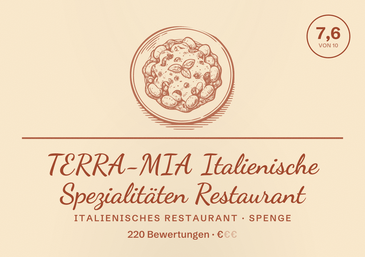 Illustriertes Poster von TERRA-MIA Italienische Spezialitäten Restaurant, Italienisches Restaurant in Spenge: Bewertung 7,6 von 10 aus 220 Bewertungen, Preisniveau €