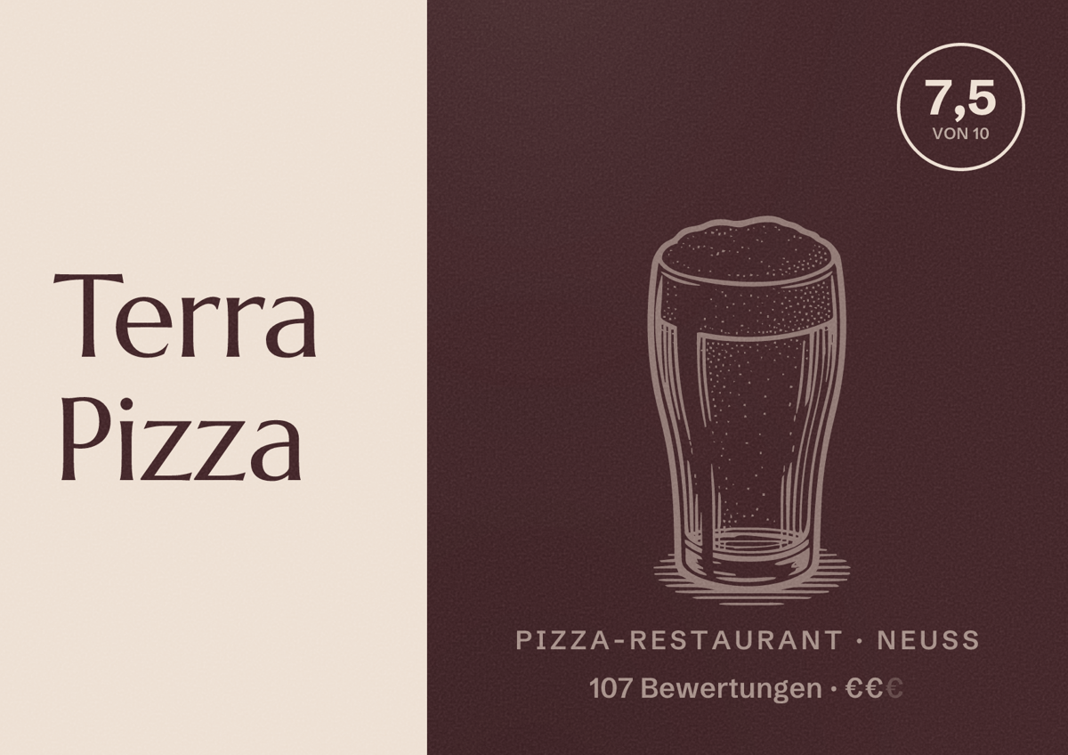 Illustriertes Poster von Terra Pizza, Pizza-Restaurant in Neuss: Bewertung 7,5 von 10 aus 107 Bewertungen, Preisniveau €€