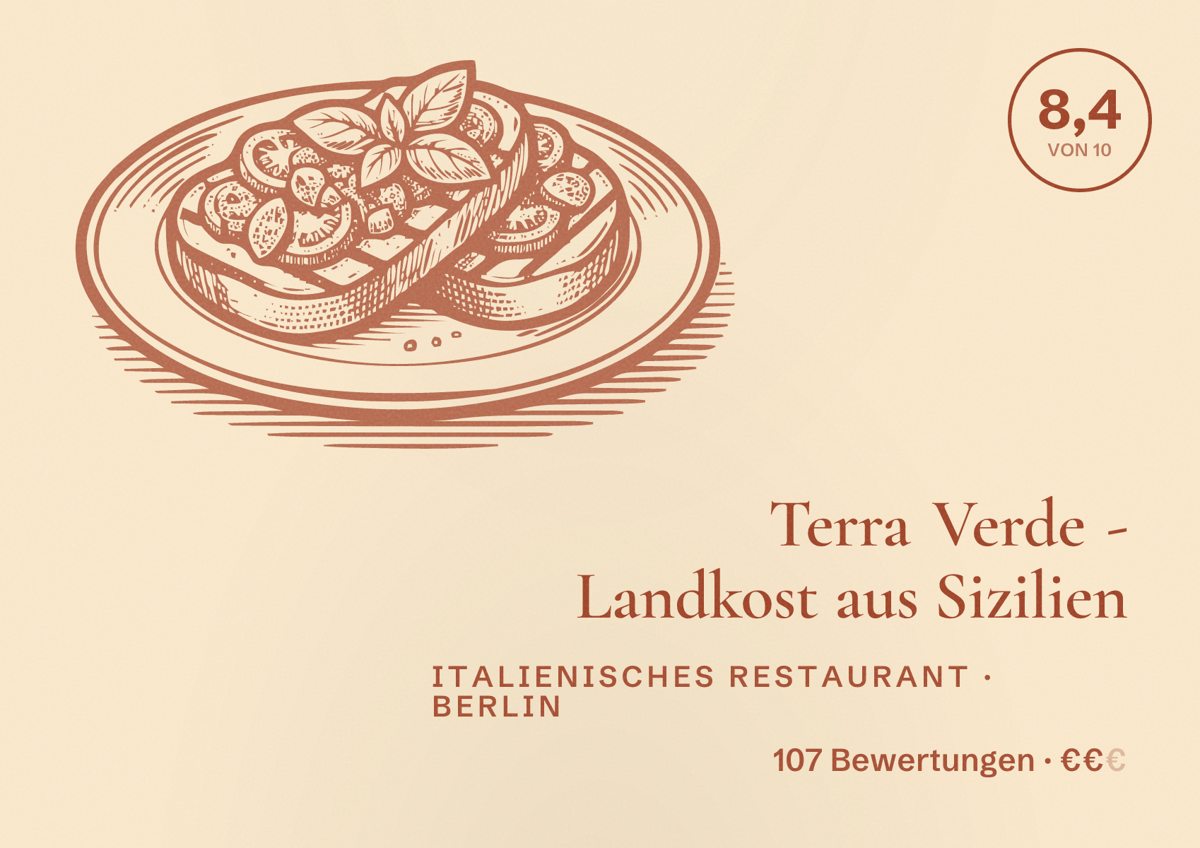 Illustriertes Poster von Terra Verde - Landkost aus Sizilien, Italienisches Restaurant in Berlin: Bewertung 8,4 von 10 aus 107 Bewertungen, Preisniveau €€