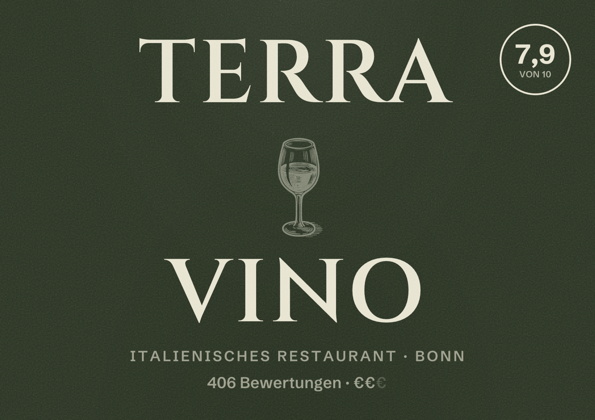 Illustriertes Poster von Terra Vino, Italienisches Restaurant in Bonn: Bewertung 7,9 von 10 aus 406 Bewertungen, Preisniveau €€