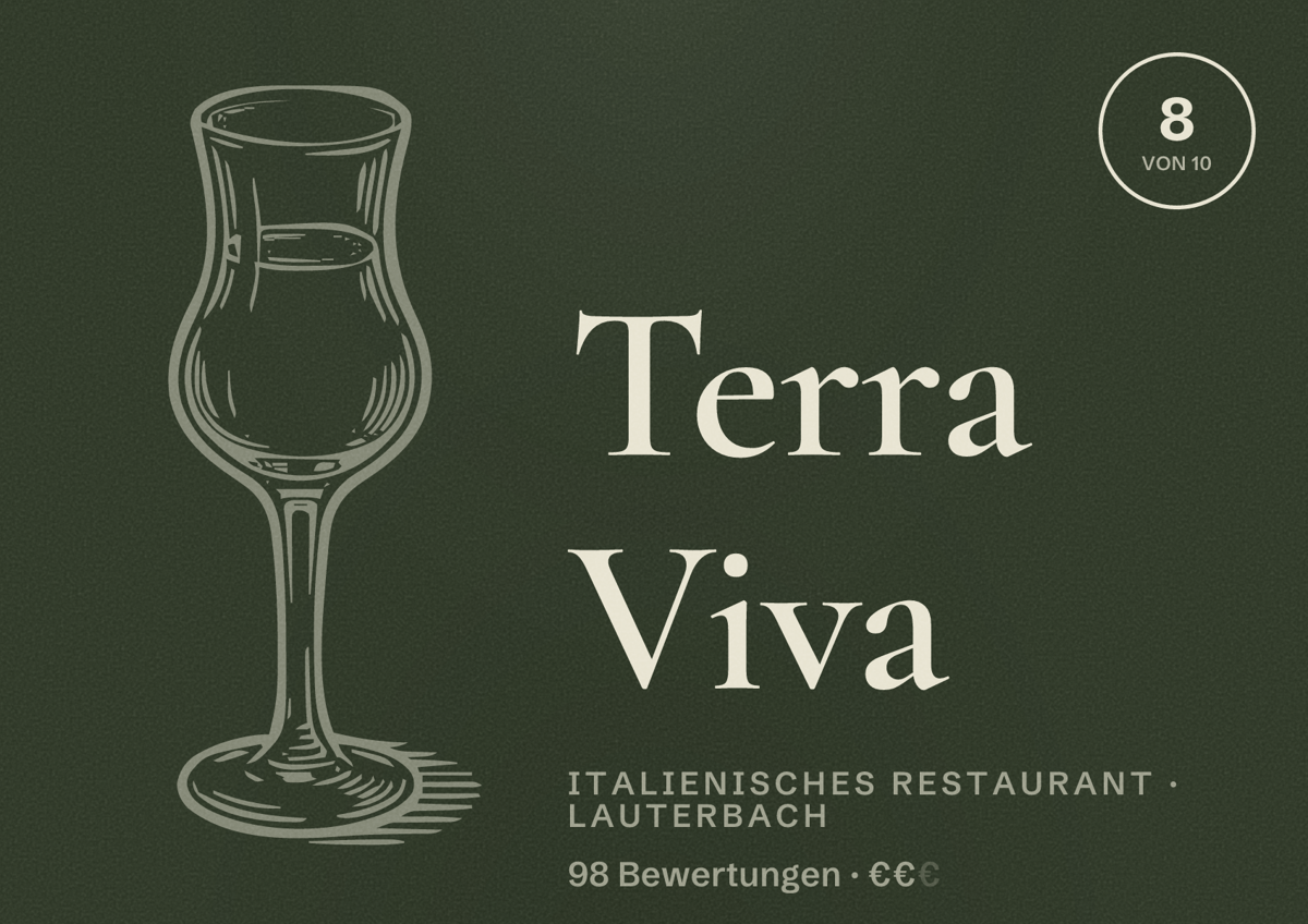 Illustriertes Poster von Terra Viva, Italienisches Restaurant in Lauterbach: Bewertung 8 von 10 aus 98 Bewertungen, Preisniveau €€