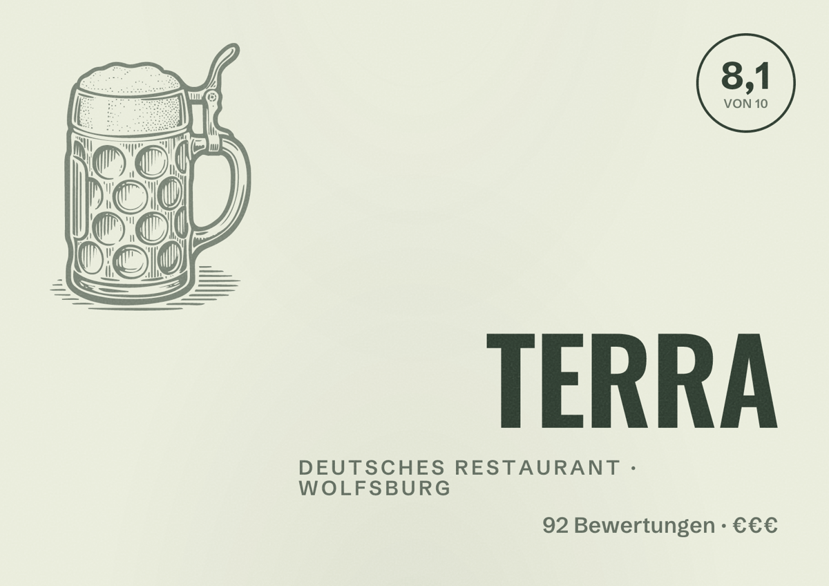 Illustriertes Poster von TERRA, Deutsches Restaurant in Wolfsburg: Bewertung 8,1 von 10 aus 92 Bewertungen, Preisniveau €€€